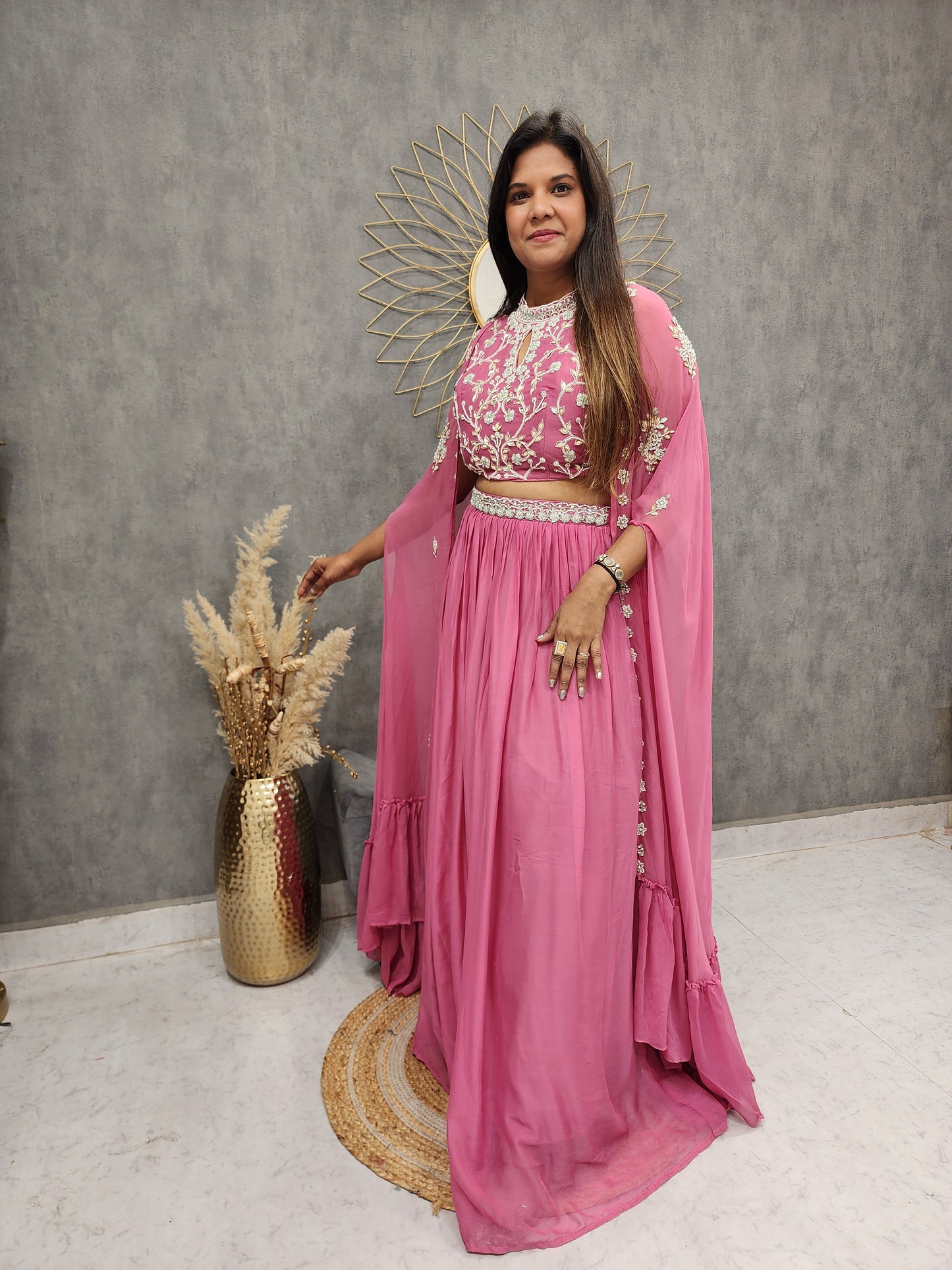 PINK 2PC INDO-WESTERN BLOUSE WITH CONNECTED CAPE ANS SKIRT