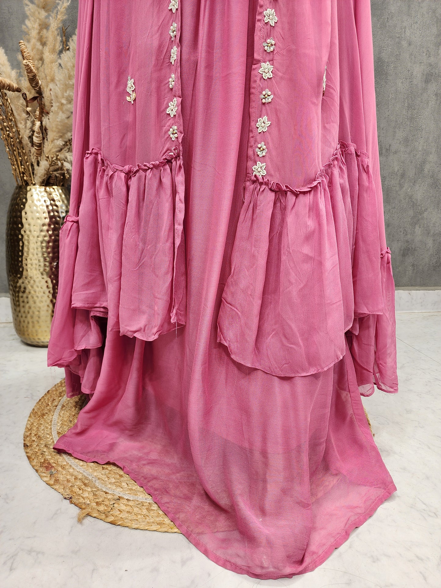 PINK 2PC INDO-WESTERN BLOUSE WITH CONNECTED CAPE ANS SKIRT