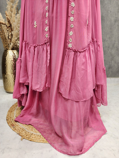 PINK 2PC INDO-WESTERN BLOUSE WITH CONNECTED CAPE ANS SKIRT