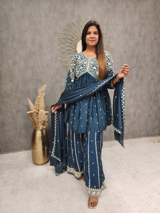 BLUE EMBROIDERED PEPLUM DIVIDER SUIT