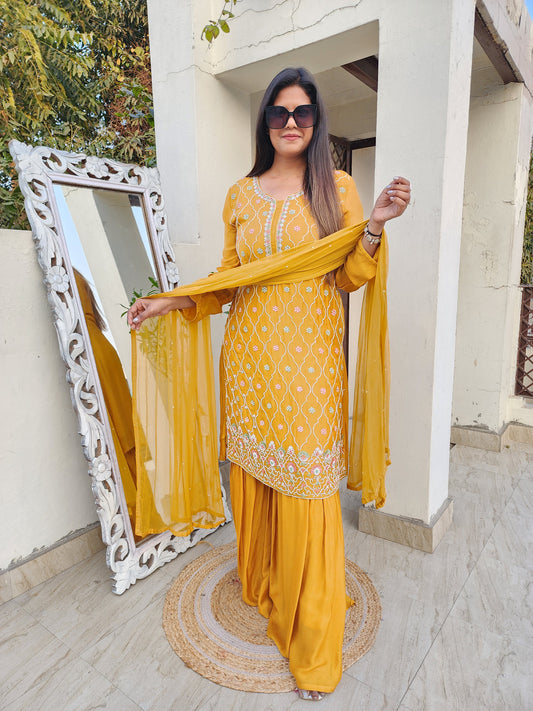 MEHER YELLOW EMBROIDERED GARARA SUIT