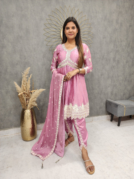 ONION PINK EMBROIDED TULIP PANT SUIT WITH SHORT ANARKALI