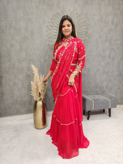 HINA CHERRY RED EMBROIDED LEHENGA SAREE