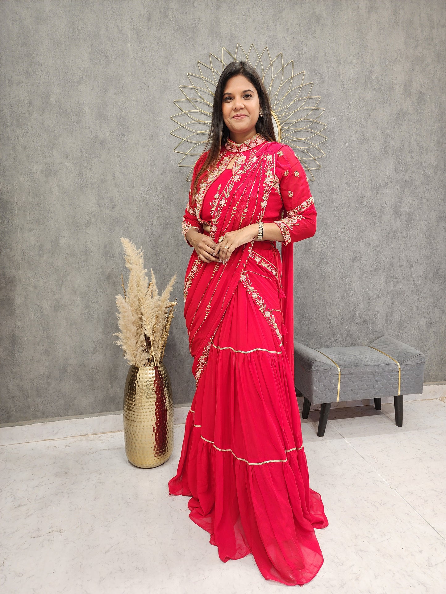 HINA CHERRY RED EMBROIDED LEHENGA SAREE