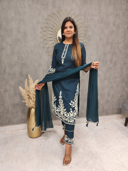 ZENA BLUE EMBROIDERED STARIGHT PANT SUIT