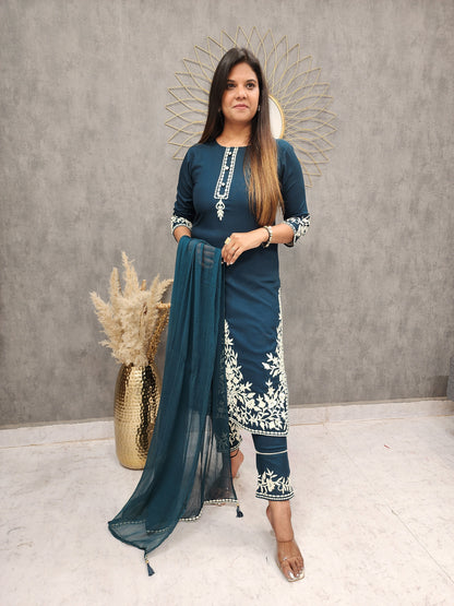 ZENA BLUE EMBROIDERED STARIGHT PANT SUIT