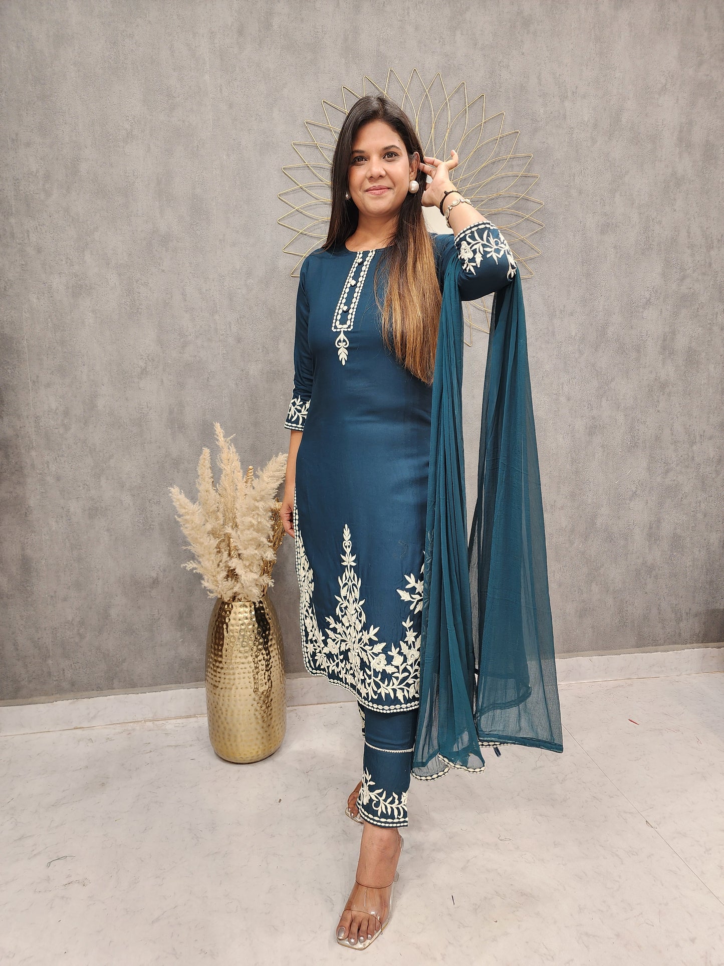 ZENA BLUE EMBROIDERED STARIGHT PANT SUIT