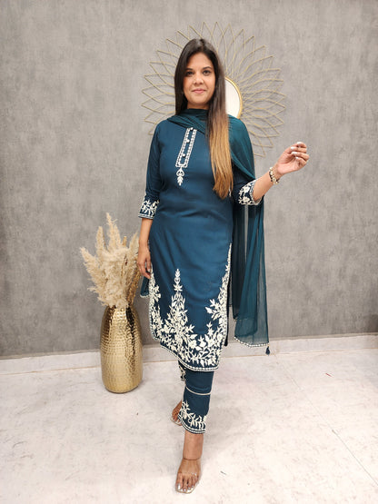 ZENA BLUE EMBROIDERED STARIGHT PANT SUIT