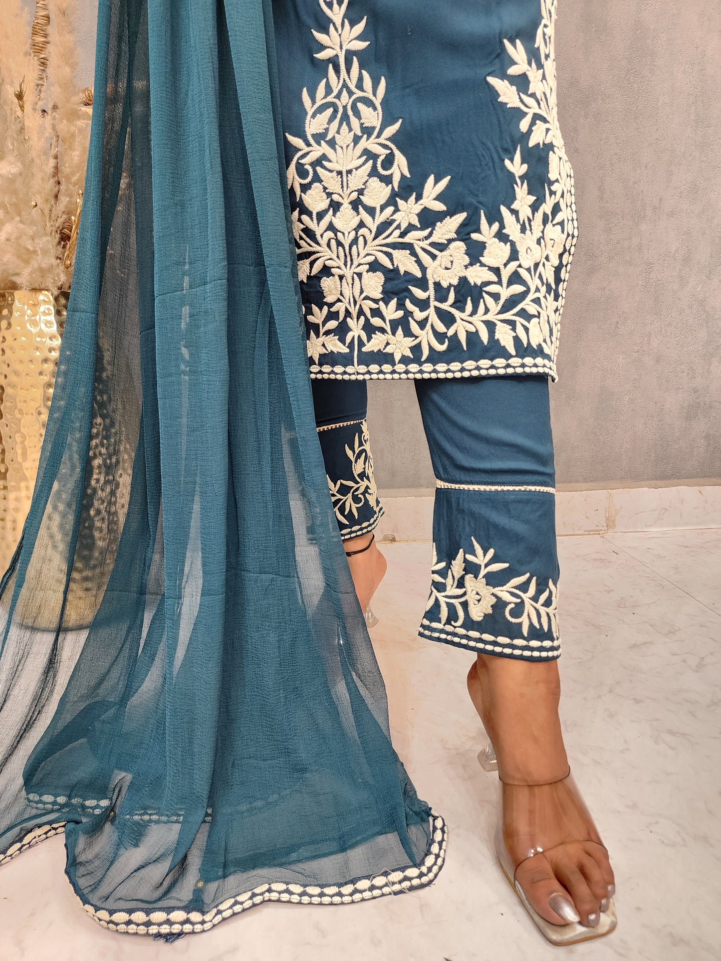 ZENA BLUE EMBROIDERED STARIGHT PANT SUIT