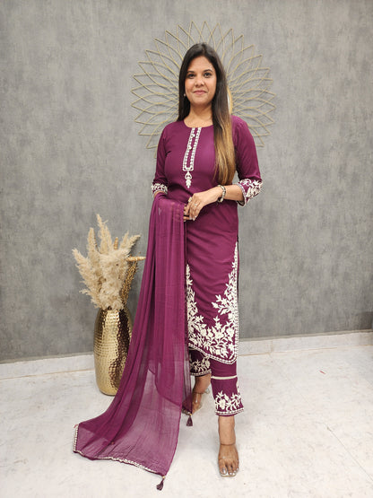 ZENA WINE EMBROIDED STARIGHT PANT SUIT