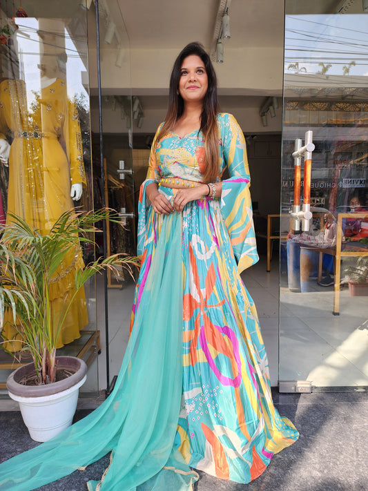 MULTI COLOUR ABSTRACT PRINT DESIGNER LEHENGA WITH BELL SLEEVES