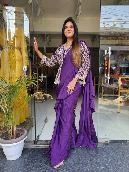 PURPLE LONG PEPLUM BLOUSE RUFFLES DRAPE SAREE