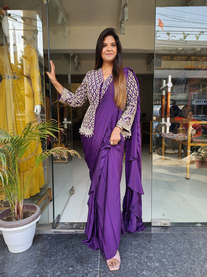 PURPLE LONG PEPLUM BLOUSE RUFFLES DRAPE SAREE