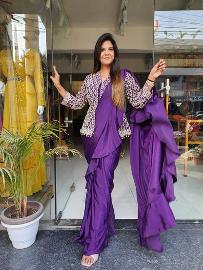 PURPLE LONG PEPLUM BLOUSE RUFFLES DRAPE SAREE