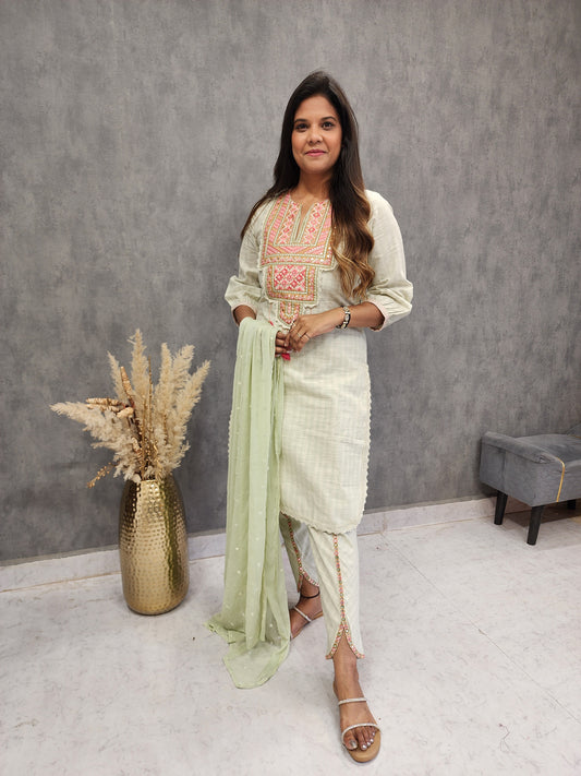 MINT GREEN EMBROIDERED TULIP PANT SUIT WITH CHIFFON DUPATTA
