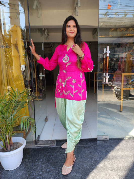ALIA HOTPINK WITH MINT GREEN TULIP PANT HIGH LOW DRESS