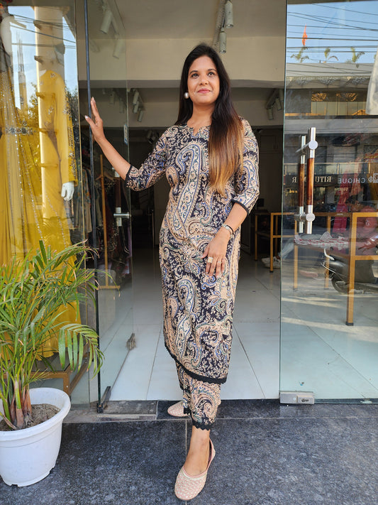 Black kalamkari straight pant cotton suit with schiffly laces