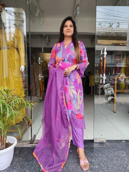 Purple abstract print pakistani straight suit