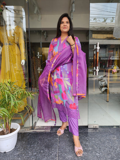 Purple abstract print pakistani straight suit