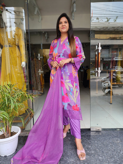 Purple abstract print pakistani straight suit