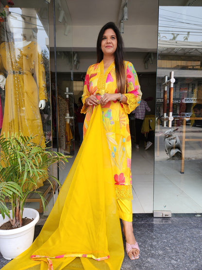 Mango yellow abstract print pakistani straight suit