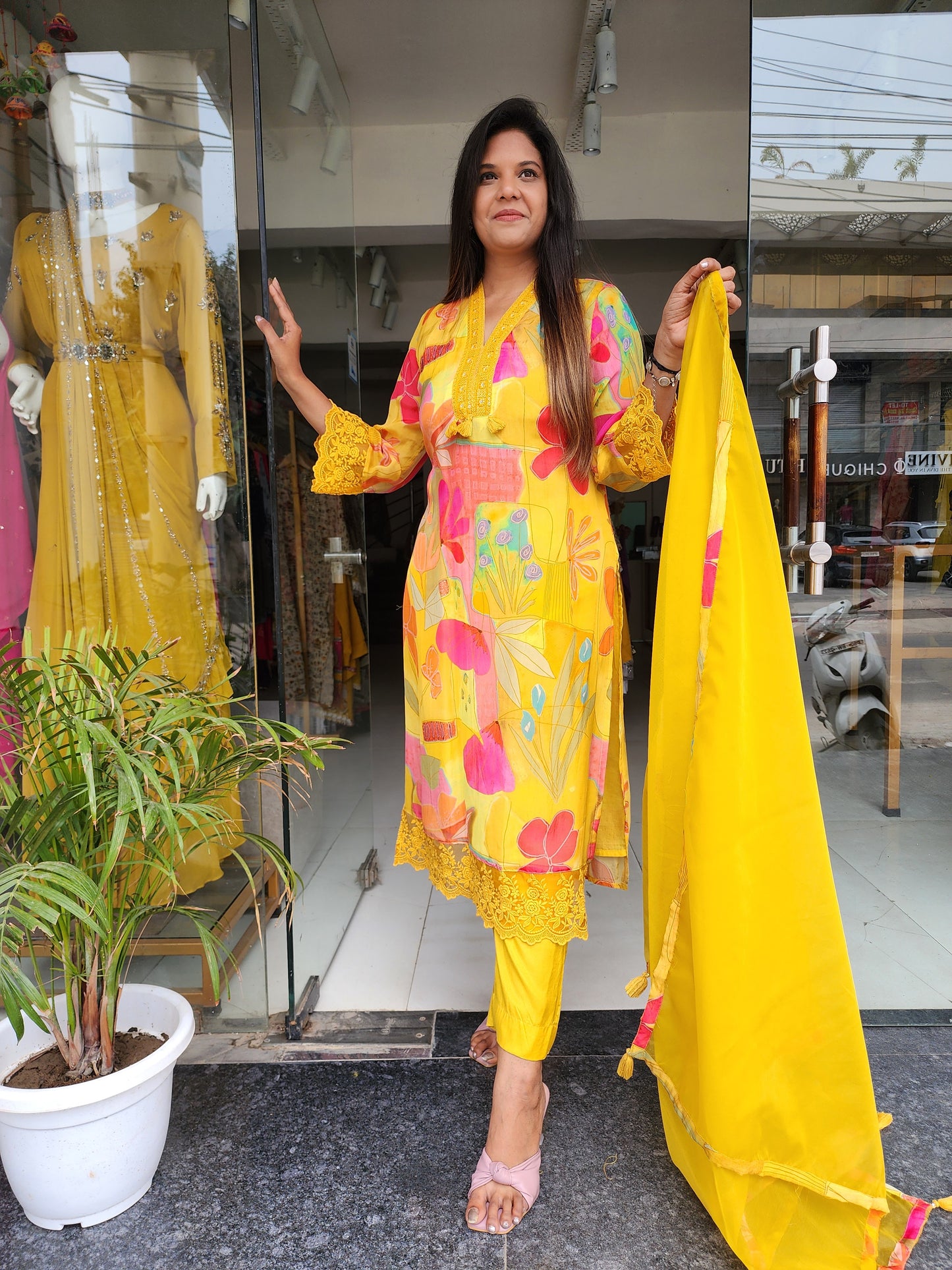 Mango yellow abstract print pakistani straight suit