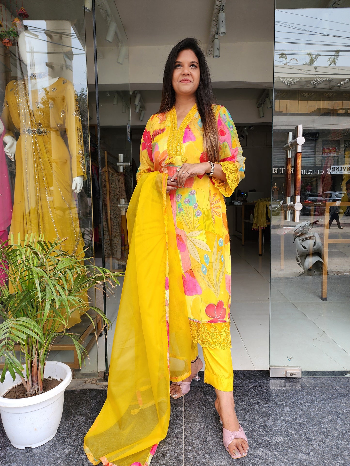 Mango yellow abstract print pakistani straight suit