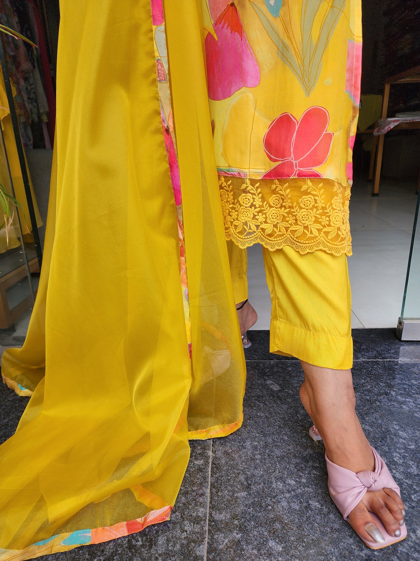 Mango yellow abstract print pakistani straight suit