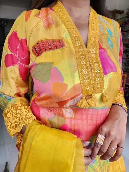 Mango yellow abstract print pakistani straight suit