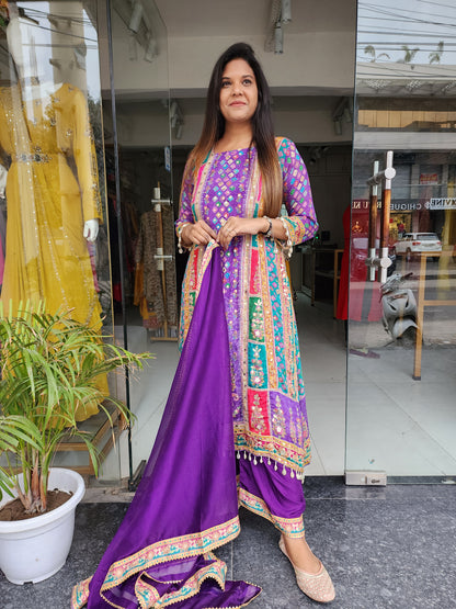 Purple digital print embroided pakistani suit