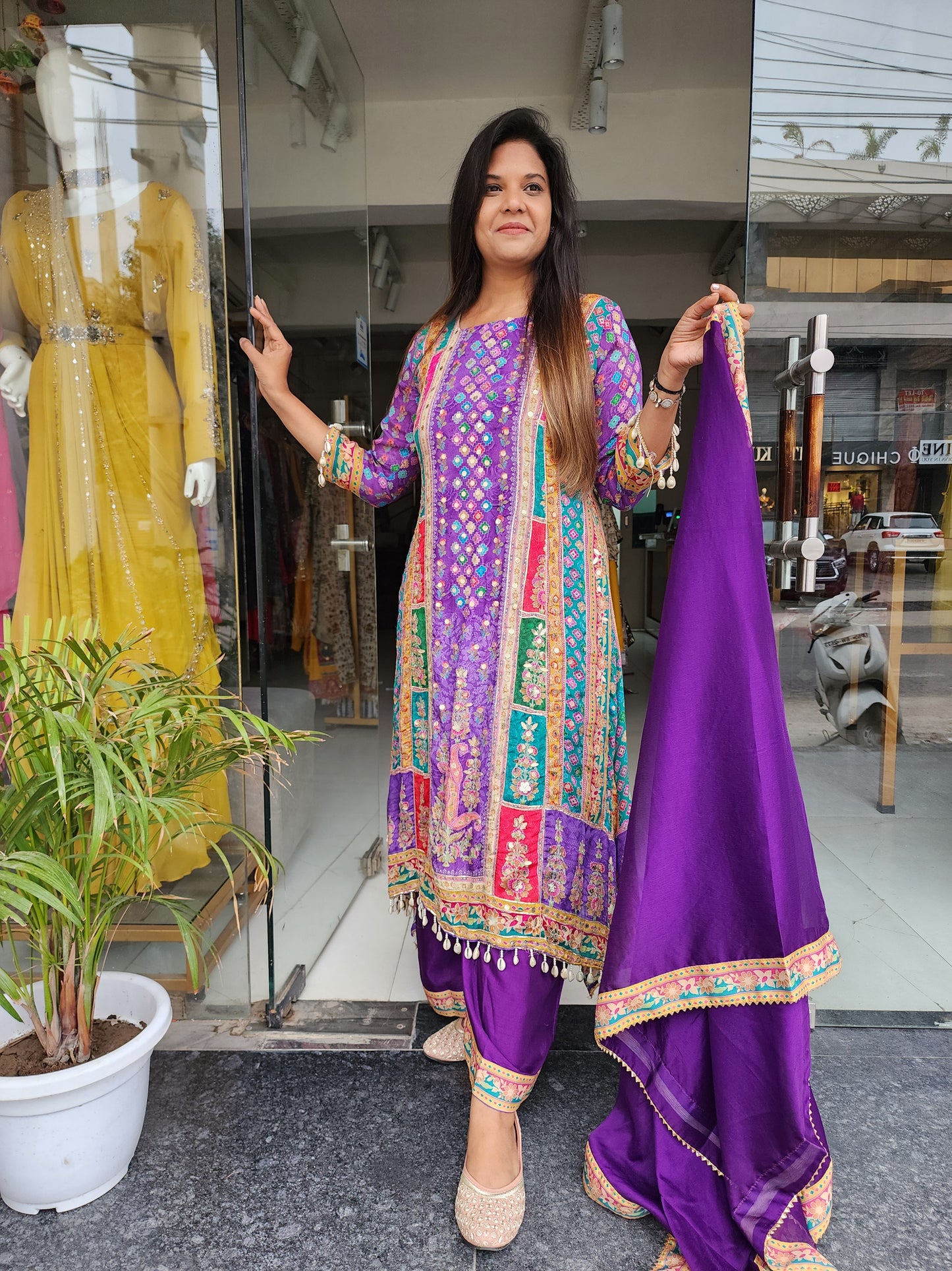 Purple digital print embroided pakistani suit