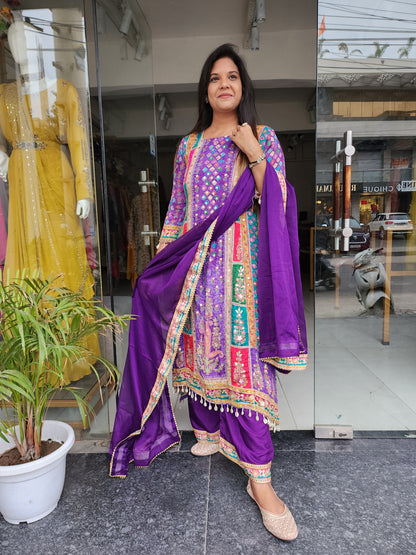 Purple digital print embroided pakistani suit