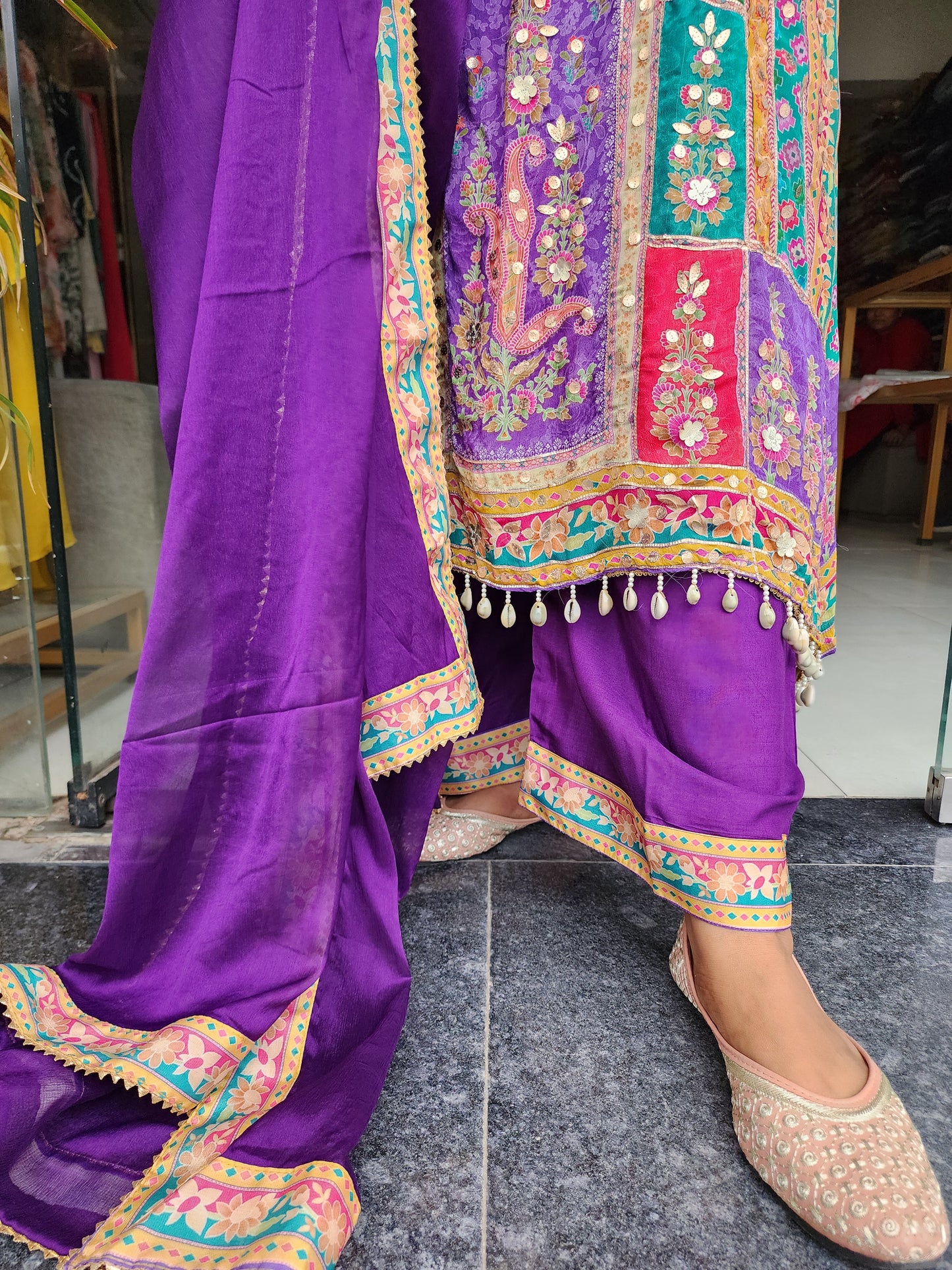 Purple digital print embroided pakistani suit