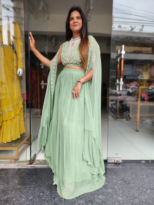 MINT GREEN ATTACHED CAPE INDOWESTERN DRESS