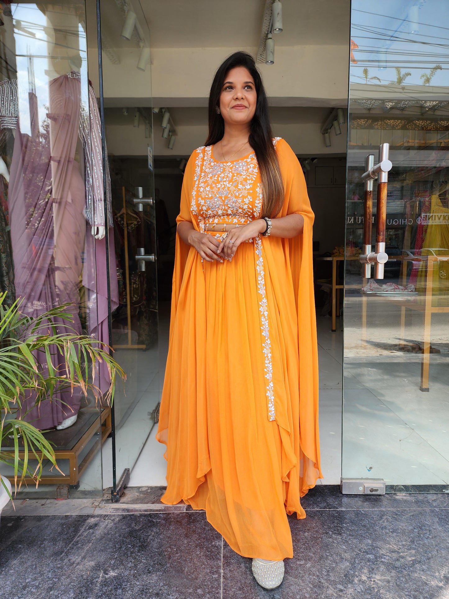 ORANGE CAPE EMBROIDERED INDOWESTERN DRESS