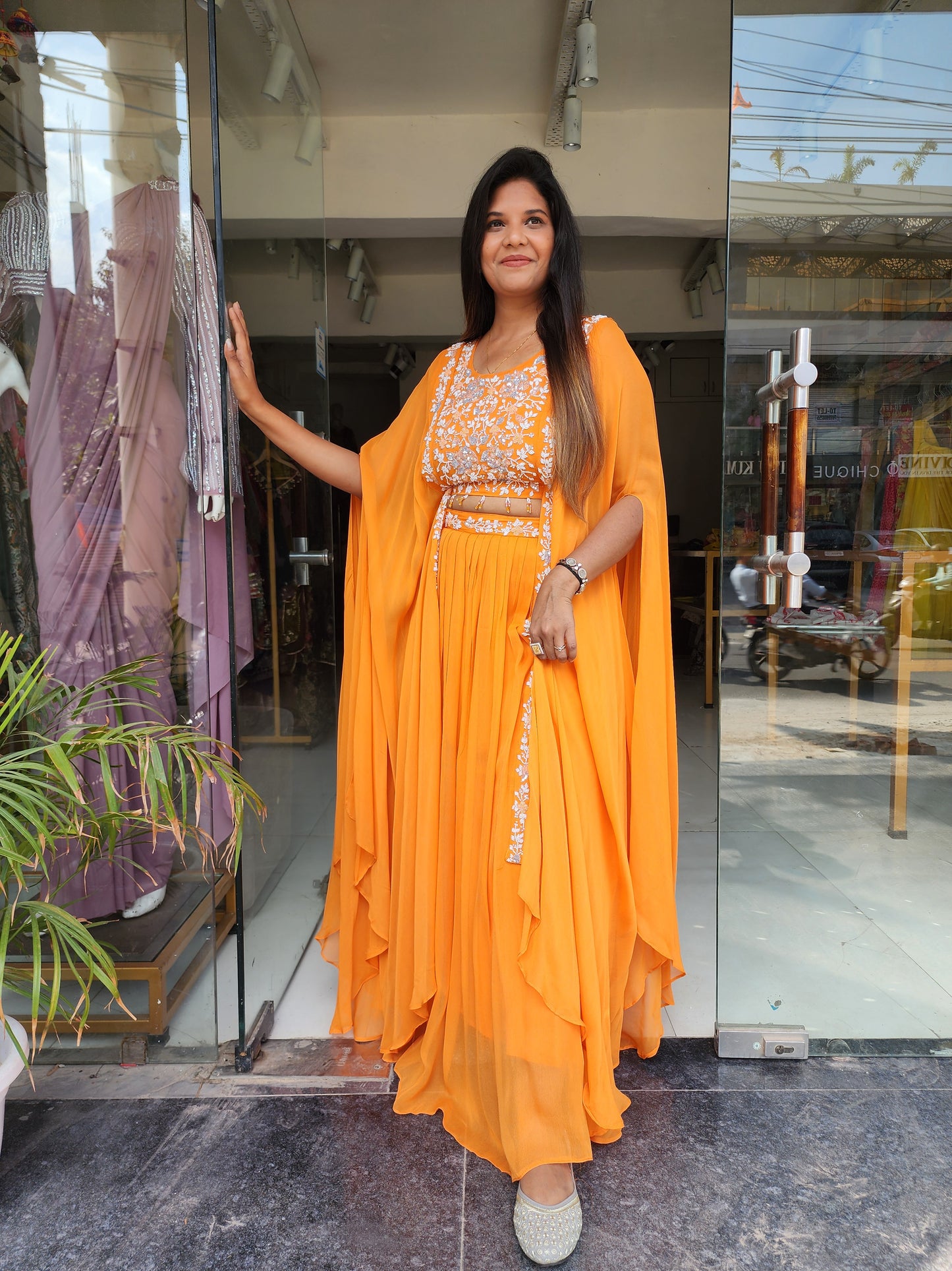 ORANGE CAPE EMBROIDERED INDOWESTERN DRESS