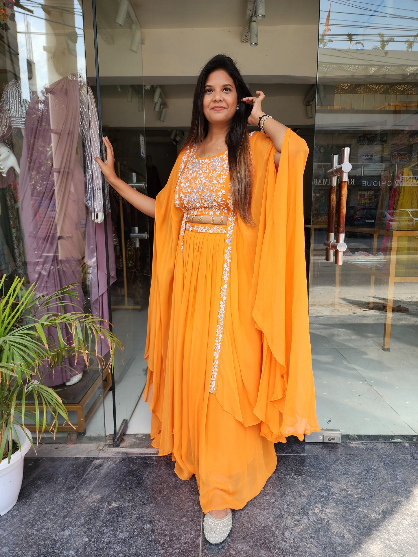 ORANGE CAPE EMBROIDERED INDOWESTERN DRESS