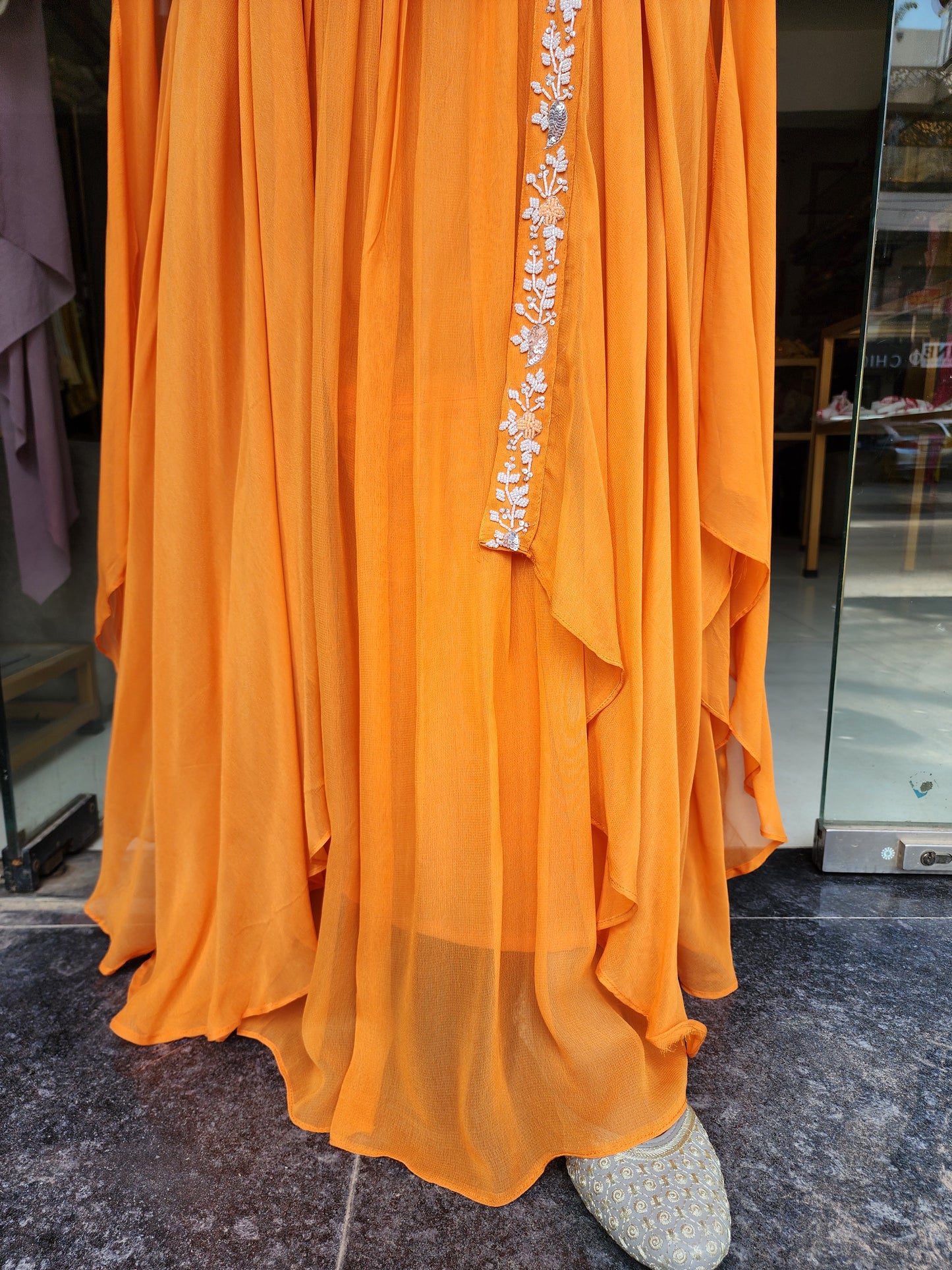 ORANGE CAPE EMBROIDERED INDOWESTERN DRESS