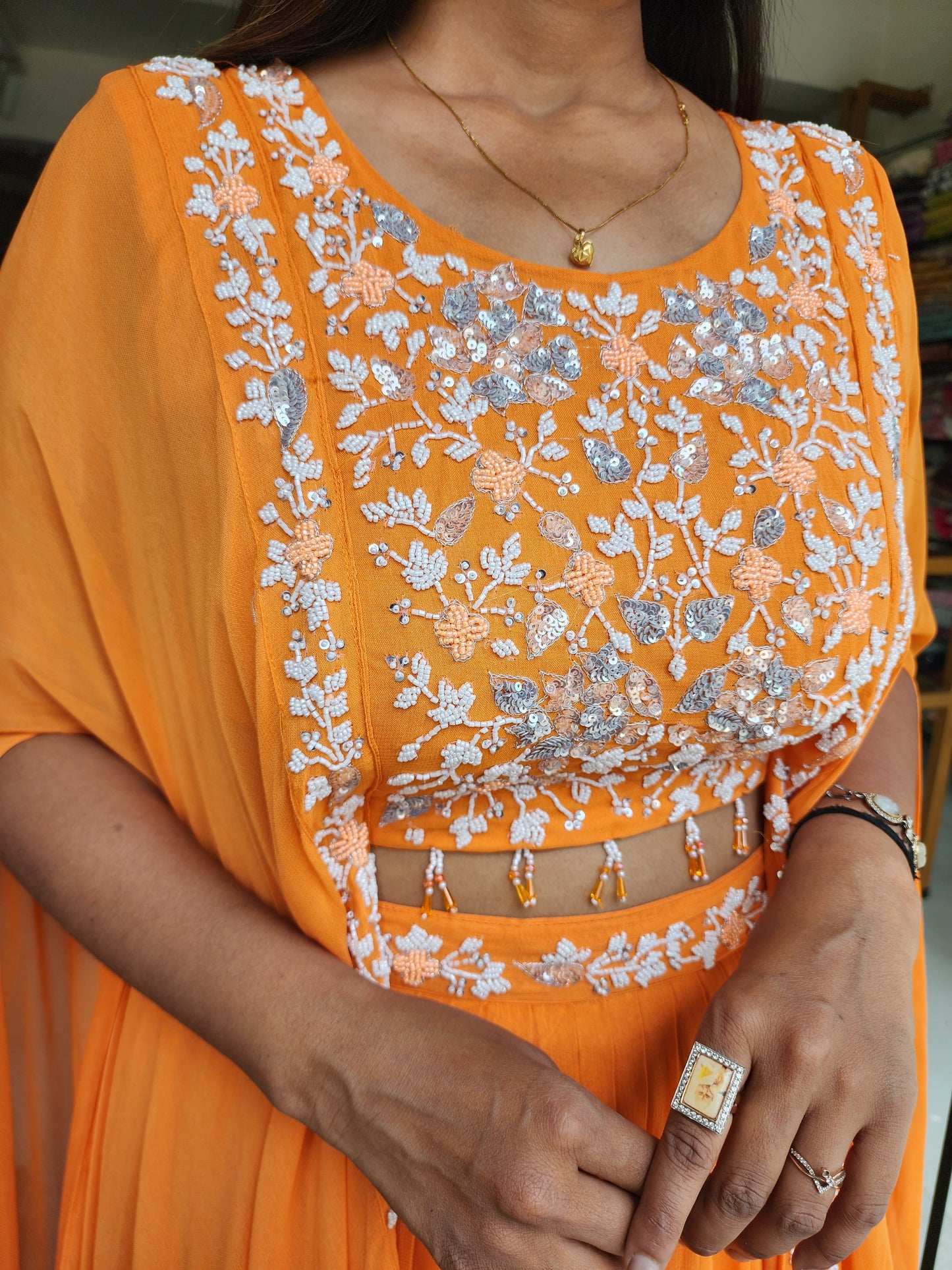 ORANGE CAPE EMBROIDERED INDOWESTERN DRESS