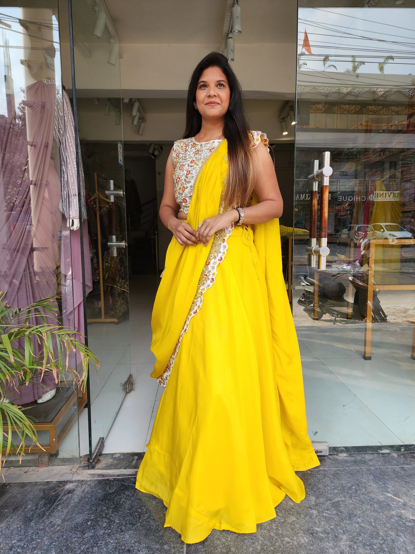 Shreya yellow drape saree with off white blouse