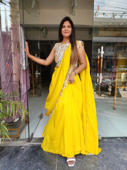 Shreya yellow drape saree with off white blouse