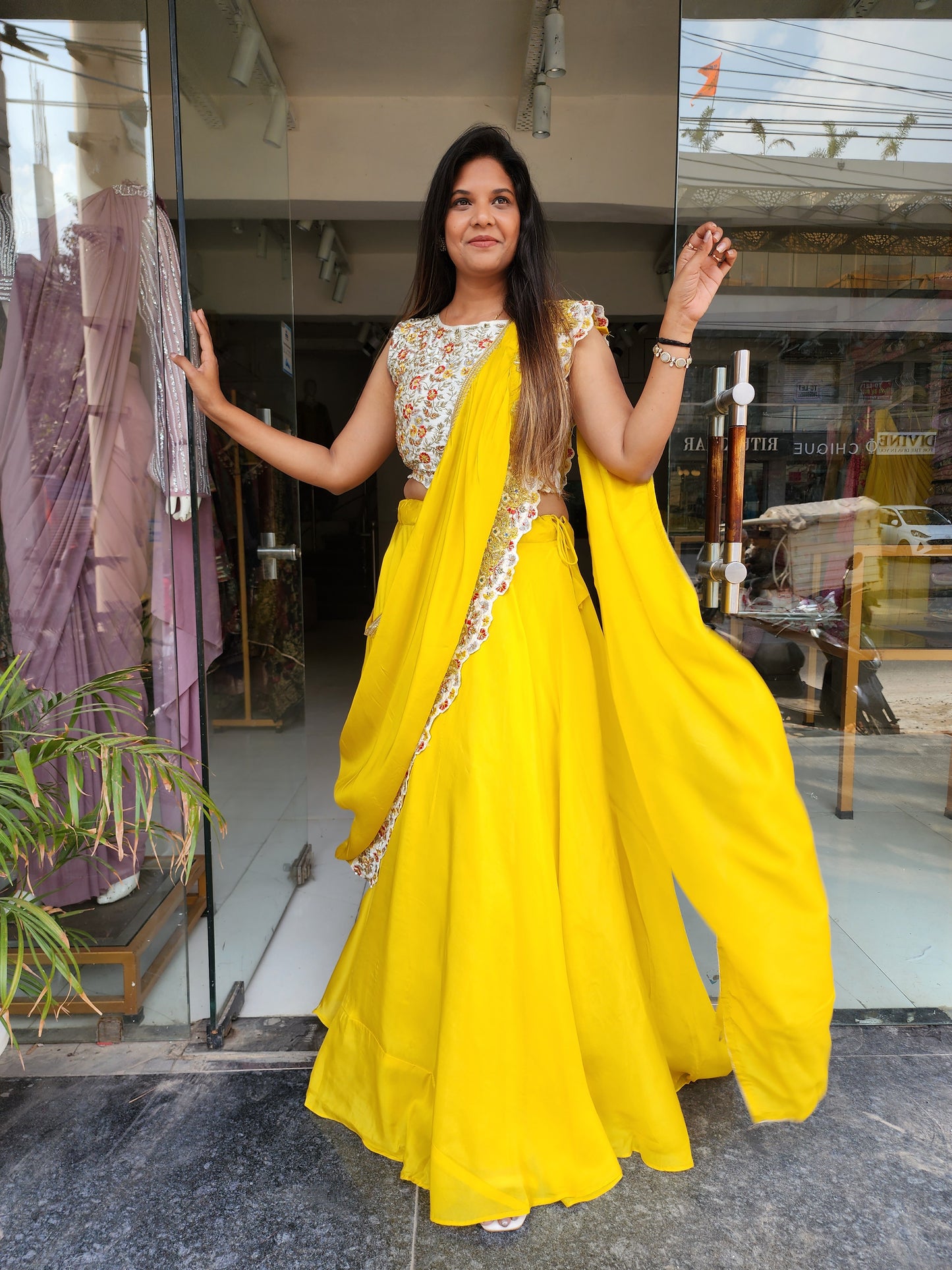 Shreya yellow drape saree with off white blouse