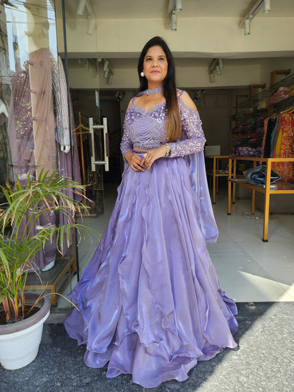 PURPLE OFF SHOULDER JIMMY CHOO LEHENGA