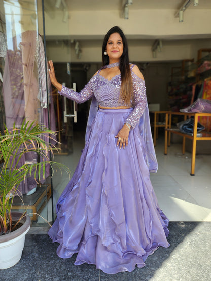 PURPLE OFF SHOULDER JIMMY CHOO LEHENGA