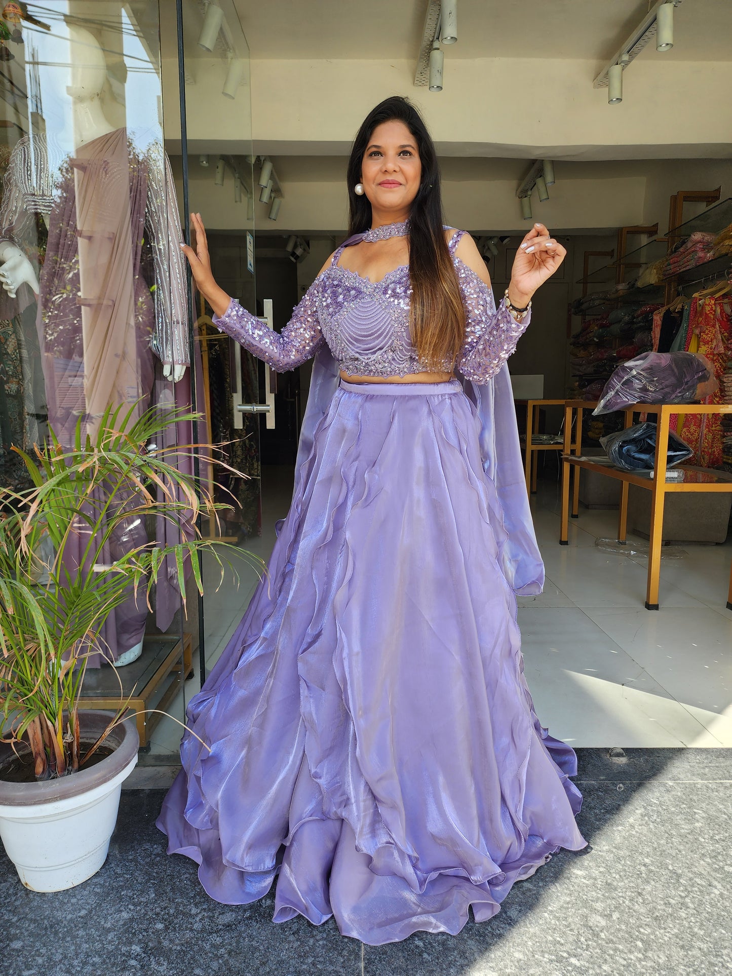 PURPLE OFF SHOULDER JIMMY CHOO LEHENGA