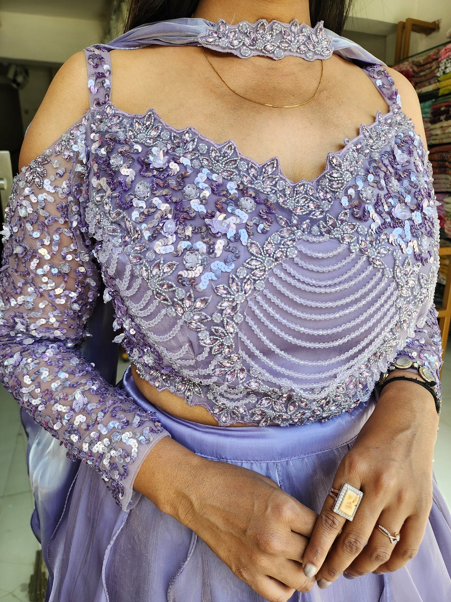 PURPLE OFF SHOULDER JIMMY CHOO LEHENGA