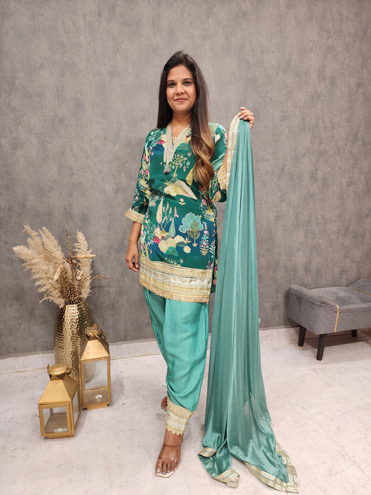 GREEN FLORAL PRINT PAKISTANI AFGHANI CO-ORD SET