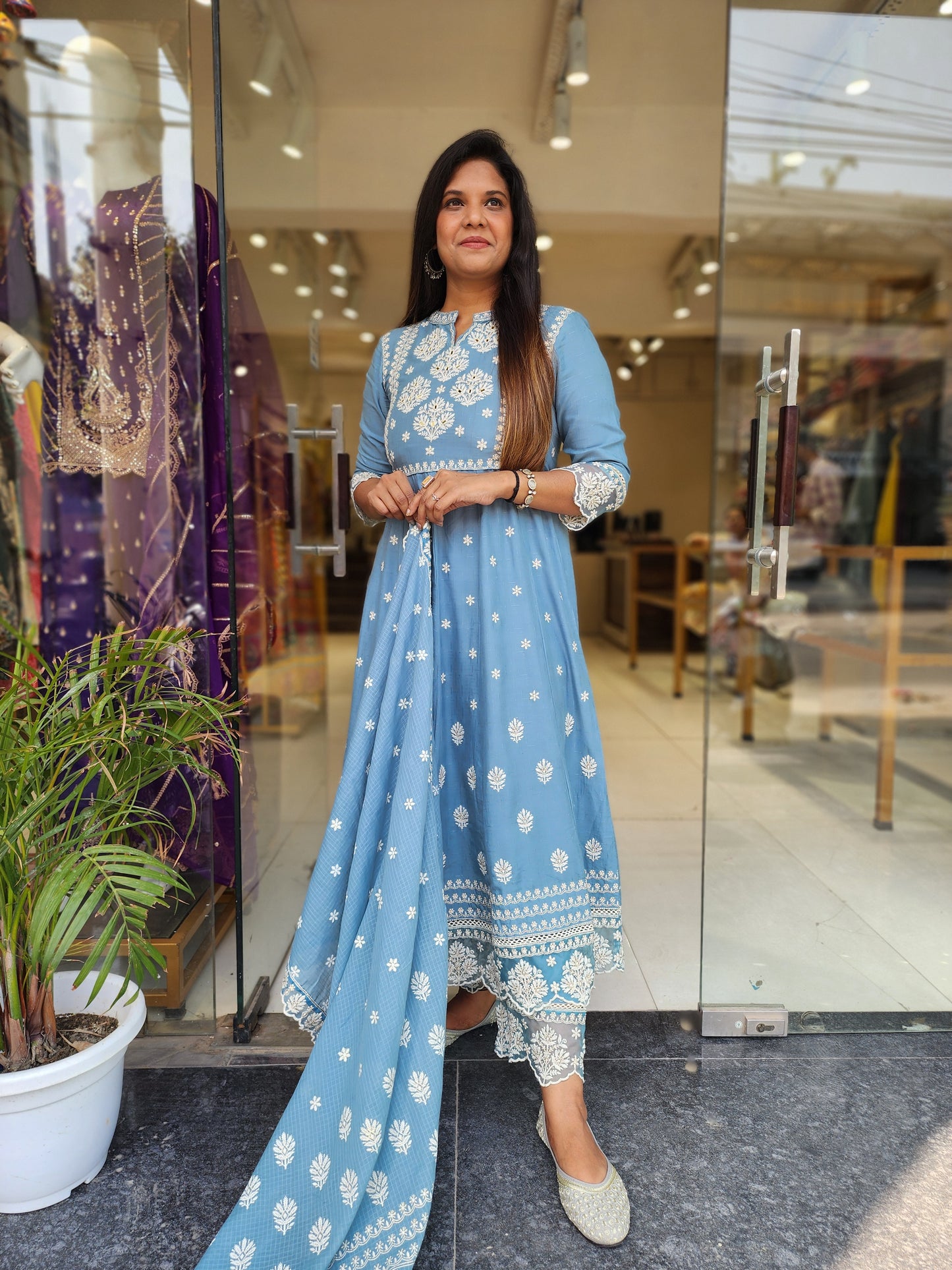 POWDER BLUE EMBROIDED THREADWORK ANARKALI PANT SUIT