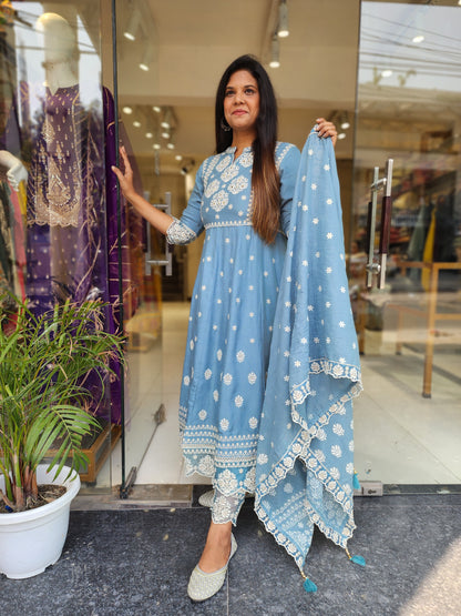 POWDER BLUE EMBROIDED THREADWORK ANARKALI PANT SUIT