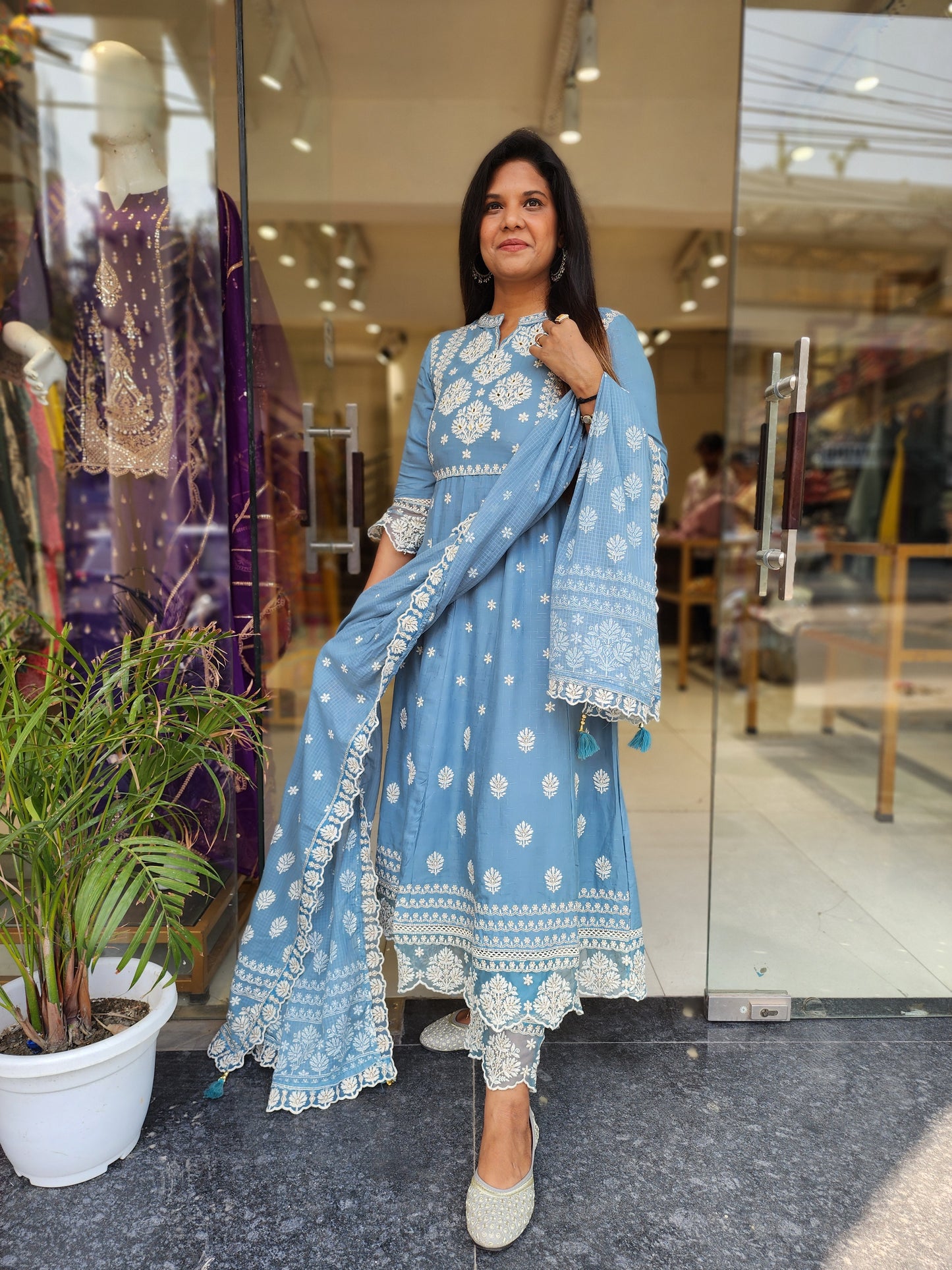 POWDER BLUE EMBROIDED THREADWORK ANARKALI PANT SUIT